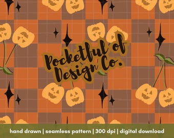 Pumpkin Cherries Seamless Pattern: Vintage Halloween PNG (Digital Download