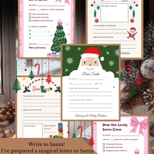 May include: Printable Christmas letters to Santa Claus, featuring a pink and green colour scheme. The designs include Christmas trees, bows, and snowflakes. The letters have prompts for children to complete, ready to be printed.