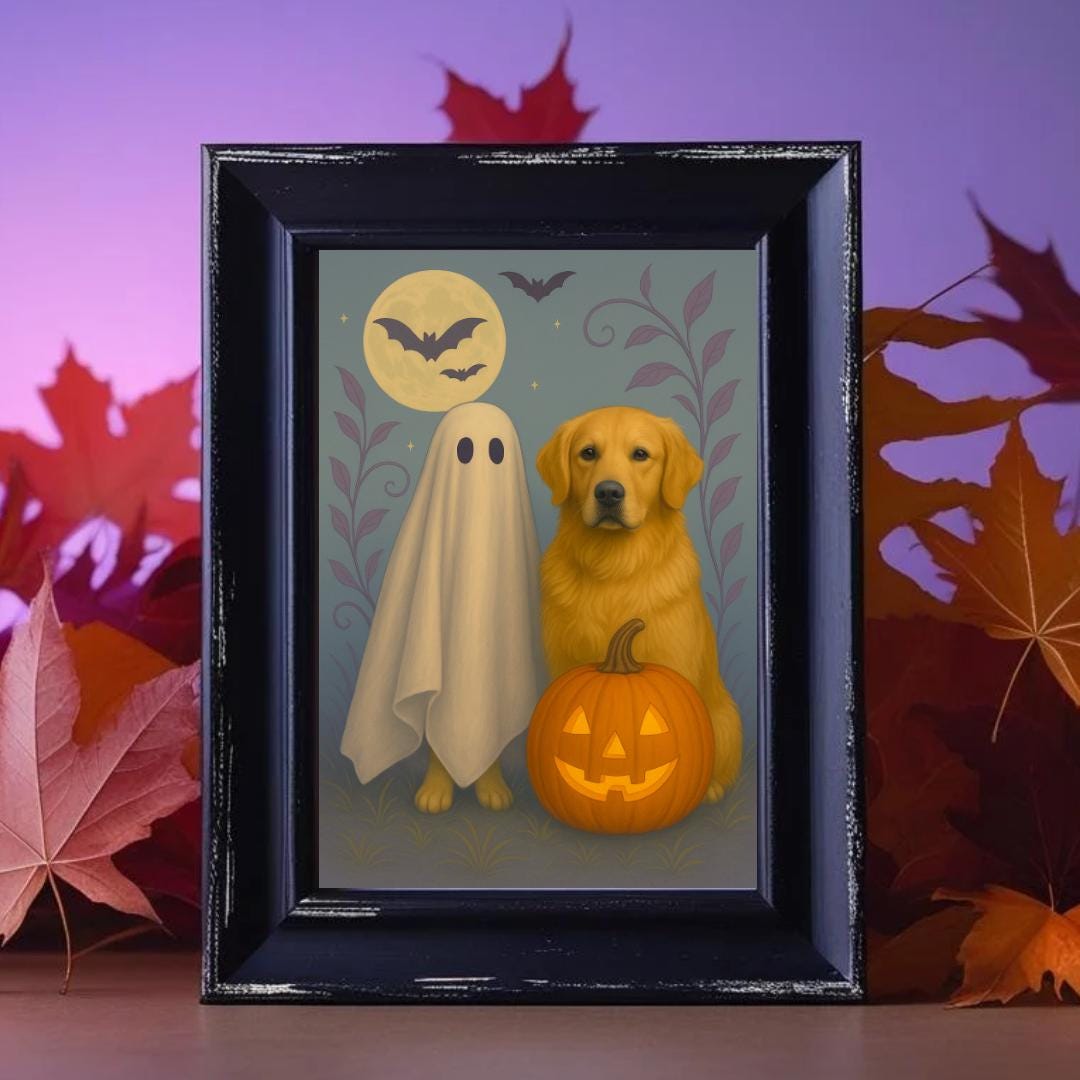 Whimsical Halloween Golden Retriever With Ghost Printable Download ...