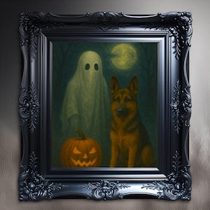 Spook met Duitse herder Halloween-decor downloaden, spookhond afdrukbare kunst, digitale print, niet ingelijst, Halloween, Duitse herdershond