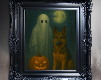 May include: A framed Halloween-themed painting featuring a ghost, a German Shepherd dog, and a carved pumpkin. The artwork is set against a dark forest backdrop with a full moon. The frame is black with ornate detailing.