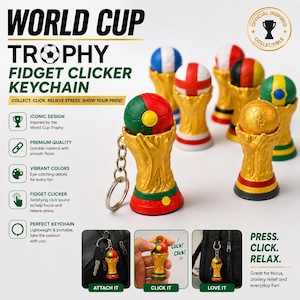 May include: A collection of World Cup trophy fidget clicker keychains featuring gold-colored bases and spherical tops painted in various national flag colors. Each keychain includes a metal ring and a click mechanism. Text includes World Cup Trophy.