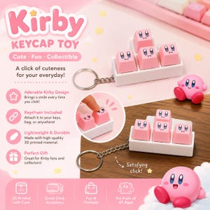 May include: A Kirby keycap toy keychain featuring a white rectangular base with four pink keycaps, each printed with a Kirby face. The set includes a metal keyring and a separate pink Kirby figurine. Text on the packaging reads Kirby Keycap Toy.