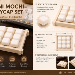 May include: A set of nine white square keycaps arranged in a grid on a light wooden display tray. The product details indicate the tray measures 3.75 inches by 3.75 inches with a height of 1.50 inches. The keycaps are 3D printed and compatible with MX switches.