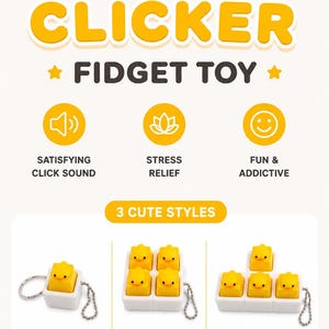 May include: A Duck Clicker fidget toy advertisement featuring yellow duck-shaped buttons on white bases. The text reads DUCK CLICKER, FIDGET TOY, SATISFYING CLICK SOUND, STRESS RELIEF, FUN & ADDICTIVE, 3 CUTE STYLES, 1 DUCK Single, 4 DUCKS Square, 4 DUCKS T-Shape.