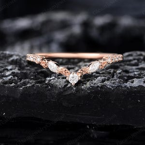 Leaf Moissanite Wedding Band Unique Rose Gold Filigree Marquise Diamond Matching Stacking Band Bridal Promise Anniversary Chevron Ring
