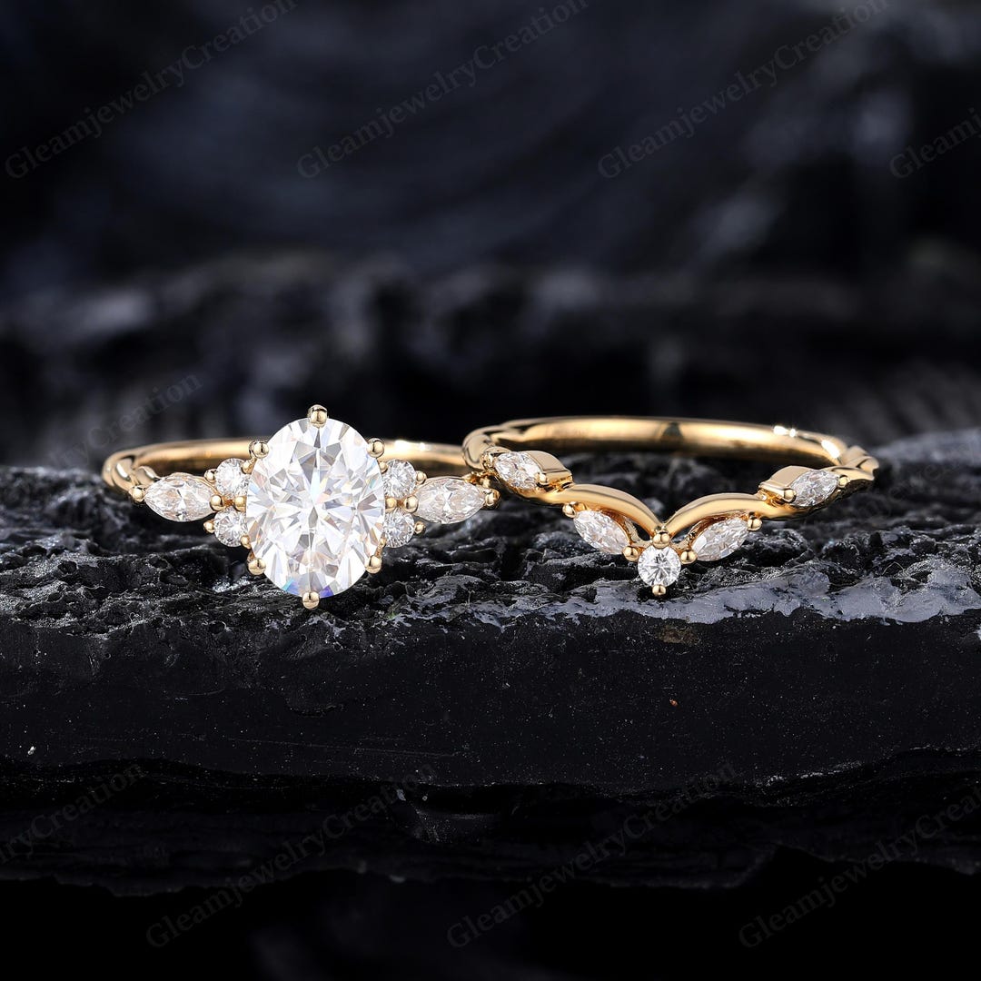 Vintage Oval Moissanite Engagement Ring Set: 14K Yellow Gold Twisted ...