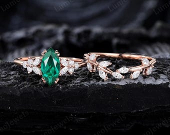 Unique Marquise cut Emerald Engagement ring set Dainty Rose Gold May Birthstone Bridal Moissanite wedding ring Anniversary Promise Jewelry