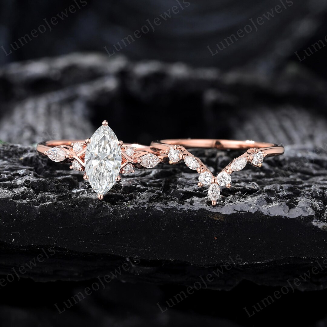 Marquise Cut Lab Grown Diamond Engagement Ring Set Vintage Rose Gold ...