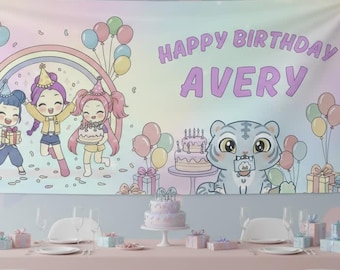 May include: A birthday party banner with the text "HAPPY BIRTHDAY AVERY" in purple. The banner features cartoon characters, a rainbow, balloons, and a tiger. A table is set with a pink tablecloth, plates, and gifts.