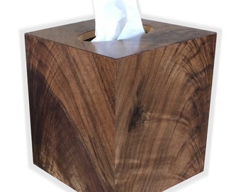 Tissue box cover ,cube square size, boutique fits Kleenex and Puffs brand in American Walnut crotch wood veneer