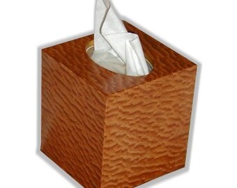 Tissue box cover cube square boutique size fits Kleenex and Puffs boxes in exotic Pommele Sapele wood veneer.