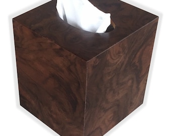 Tissue box cover cube square botique size fits Kleenex and Puffs boxes in American walnut wood burl veneer
