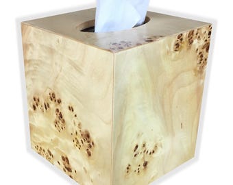 Tissue cover cube  size, boutique Tissue box holder fits Kleenex and Puffs brand in Mappa burl wood veneer