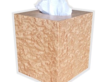 Tissue box cover cube square size boutique fits Kleenex and Puffs brand in Birdseye maple wood veneer.