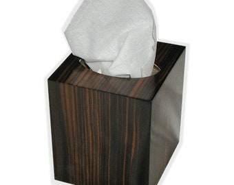 Tissue box cover cube square boutique size in Striped Macassar Ebony wood veneers