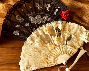 Ventaglio pieghevole in pizzo rosa – Elegante ventaglio in tessuto con nappa / Decorazione retrò per matrimoni / feste / balli / o cosplay per fotografia