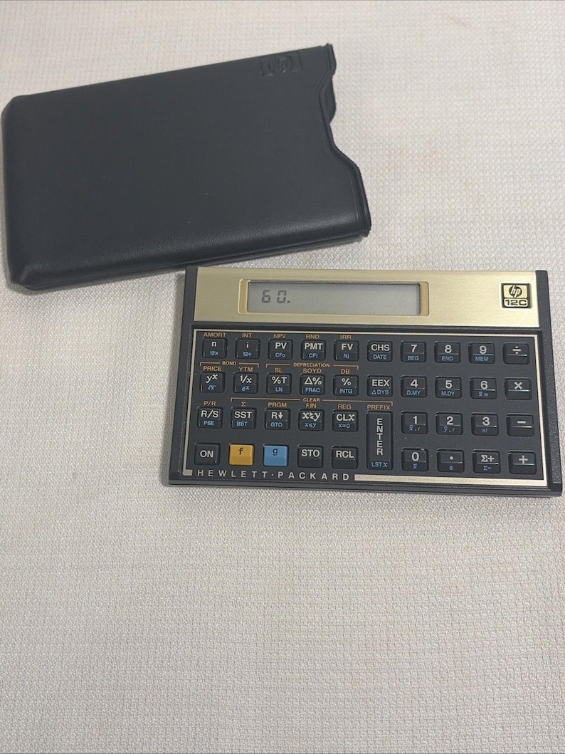 Vintage Hewlett-Packard HP-12C wissenschaftlicher programmierbarer Taschenrechner mit Etui Bild 1