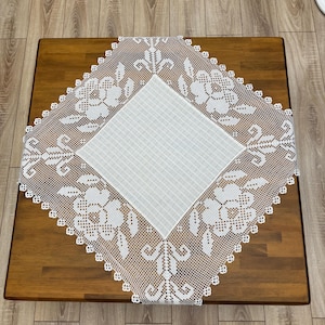 Handmade Crochet Lace Tablecloth, Square Floral Table Topper, Vintage Doily Home Decor