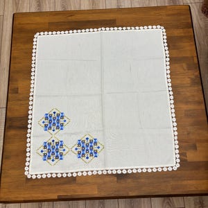 Handmade Vintage Embroidered Tablecloth with Crochet Lace | Blue Cross-Stitch | Turkish Linen