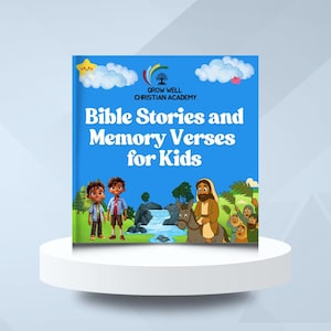 Op de afbeelding: Een kinderboek getiteld "Bible Stories and Memory Verses for Kids" met een blauwe kaft. De kaft bevat cartoon illustraties van kinderen, bijbelse figuren en een landschap met een waterval. Het boek staat op een witte sokkel.