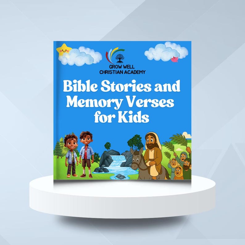 Op de afbeelding: Een kinderboek getiteld "Bible Stories and Memory Verses for Kids" met een blauwe kaft. De kaft bevat cartoon illustraties van kinderen, bijbelse figuren en een landschap met een waterval. Het boek staat op een witte sokkel.