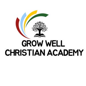 Op de afbeelding: Logo voor Grow Well Christian Academy. Het logo toont een boom met een boek aan de basis, met gekleurde gebogen lijnen erboven. De tekst "GROW WELL CHRISTIAN ACADEMY" is vetgedrukt, zwart.