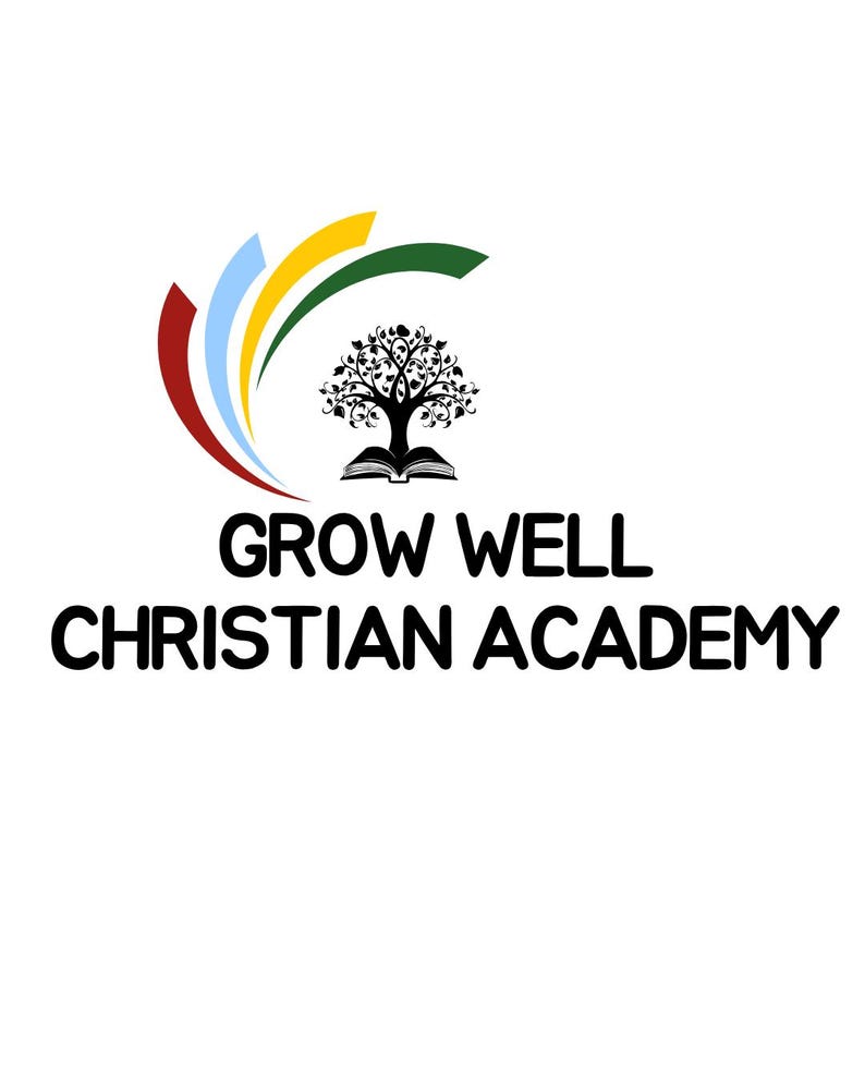 Op de afbeelding: Logo voor Grow Well Christian Academy. Het logo toont een boom met een boek aan de basis, met gekleurde gebogen lijnen erboven. De tekst "GROW WELL CHRISTIAN ACADEMY" is vetgedrukt, zwart.