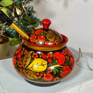 khokhloma Hand Painted Wooden Lidded Bowl With Spoon