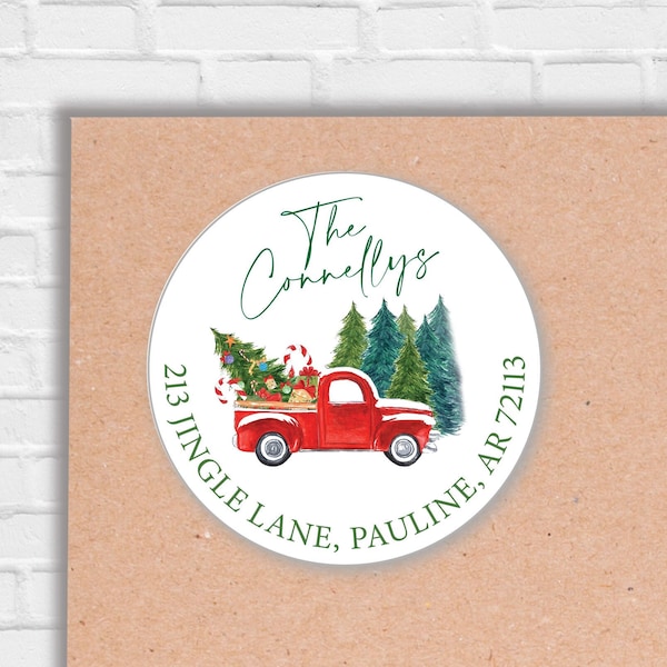 Christmas Tree Truck Return Address Label, Red Christmas Truck Sticker, Christmas Return Address Label, Holiday Truck Address Lables