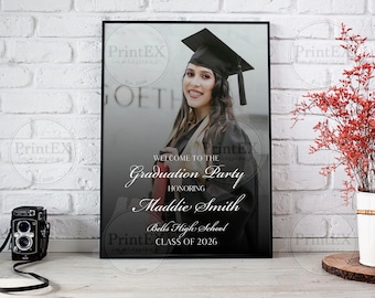 Cartel de bienvenida de graduación, póster impreso personalizado, elegante diseño degradado con foto