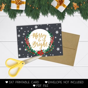 Merry and Bright Instant Download Christmas Card, Christmas Digital Download Card, Merry and Bright Holiday Printable Card