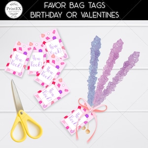 You Rock Party Favor Tags, Rock Candy Party Favor Tag, You Rock Valentine Candy Bag Tag, Printable Candy Bag Favor Tags, Printable Valentine