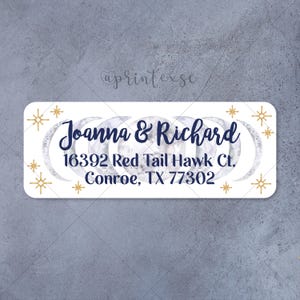 Stars and Moons Address Labels, Astrology Celestial Return Address Stickers, Moon Phases, navy and gold