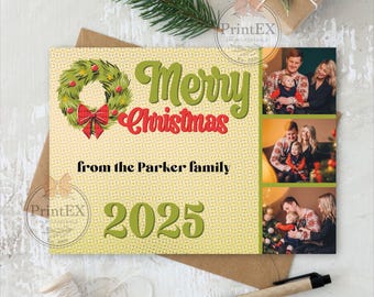 Cartes de vœux de famille personnalisées Couronne rétro, bobine photo personnalisable, demi-teintes, rouge et vert, joyeux Noël classique