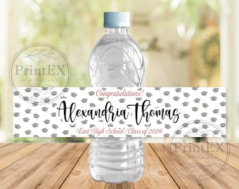 Personalized Graduation Caps Water Bottle Labels, Grad Party Favors, Waterproof Stickers, Sets of 5