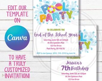 May include: Two printable pool party invitations with colorful text and graphics. The first invitation is for an end of school year pool party. The second invitation is for a 7th birthday pool party. Both invitations include the date, time, location, and RSVP information.
