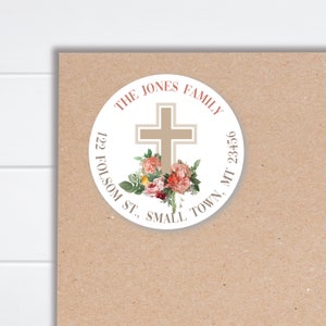 Christian Return Address Label, Easter Cross Circle Label, Cross and Roses Return Address Label, Baptism Address Label, Baby Dedication