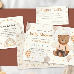 Ensemble d'invitations baby shower ours en peluche avec livres pour bébé et cartes de tirage pour couches