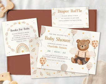 Baby Shower Teddy Bear Invitation Set with Books for Baby and Diaper Raffle Cards
