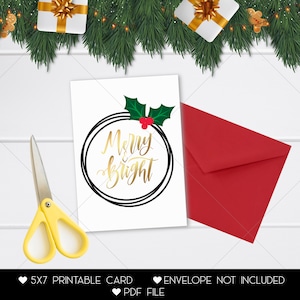 Printable Christmas Card with Merry & Bright Design, Digital Download Christmas Card