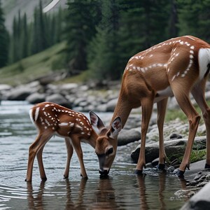 以下が含まれることがあります： 澄んだ小川から水を飲む2頭の鹿、母親と子鹿。鹿は茶色の毛皮に白い斑点があります。子鹿は小さく、より顕著な斑点模様があります。背景には森と岩の多い川岸があります。