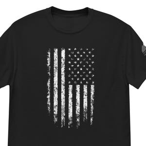Distressed American Flag “T” – w/ Flag + Mountain Sleeve Logo