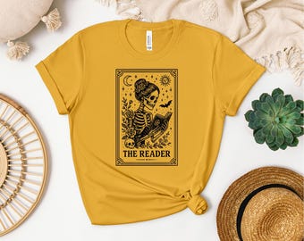 Bookish Halloween Skeleton Tarot Shirt, Tarot Card Fortune Teller Tee, Gothic Reader Book Lover Gift Top, Halloween Spooky Witchy Book Shirt