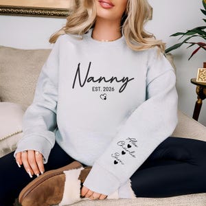 Pode incluir: Um moletom cinza claro com a palavra "Nanny" em fonte cursiva, juntamente com "Est. 2026" e gráficos de coração. A manga apresenta os nomes: Alex, Charlie e Sam. O moletom é de estilo casual.
