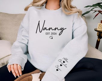 Personalised Nanny Sweater with Kids Names on Sleeve, Nanna Est Jumper, Mothers Day Gift for Nanny, Custom Family Top, Grandkids Sweatshirt