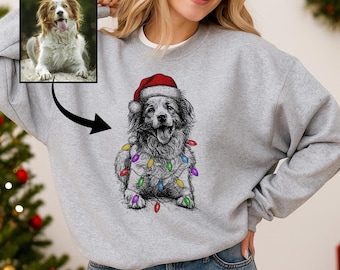 Custom Pet Christmas Sweatshirt, Personalised Dog Photo Jumper, Vintage Pet Portrait Sweater, Dog Cat Lover Xmas Gift Top, Holiday Pet Tops