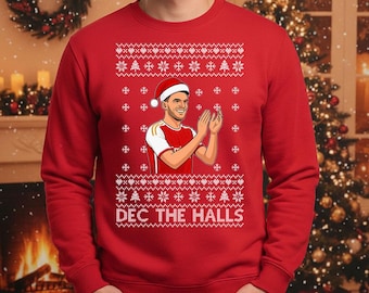 Dec The Halls Funny Football Christmas Jumper, Red Holiday Ugly Sweatshirt for Adult & Kids, Festive Soccer Lover Gift, Funny Winter Sweater