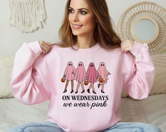 On Wednesdays We Wear Pink Ghost Sweatshirt, Mean Girls Halloween Sweater, Pink Ghost Shirt, Funny Halloween Top, Spooky Wednesday Ghost Top