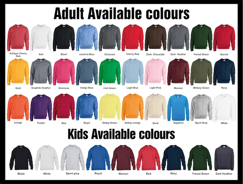 May include: A display of crewneck sweatshirts in various colors, including red, blue, and green. The image shows the available colors for adults and kids, with text indicating the color names like "Black", "White", and "Royal".